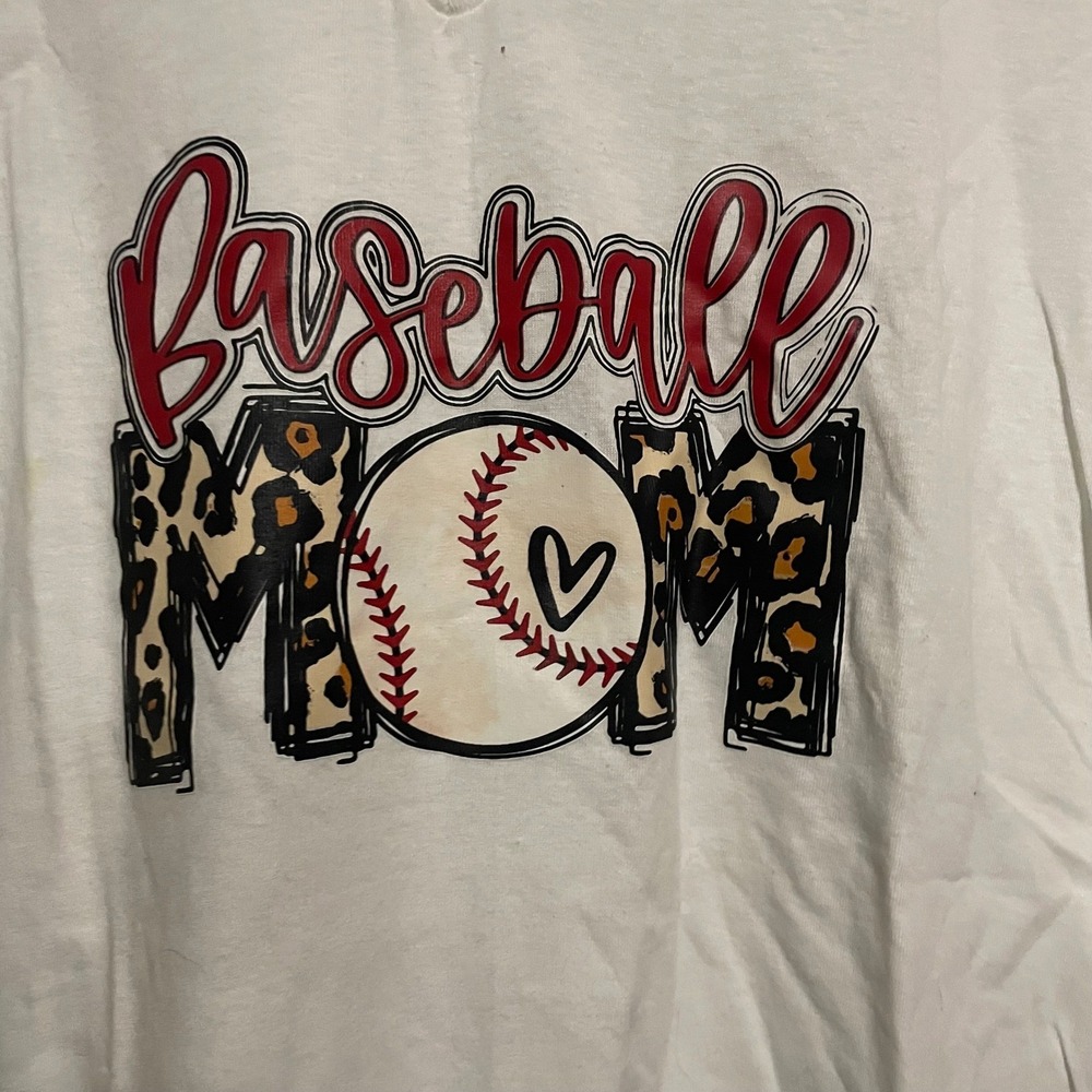 Hanes ComfortSoft Baseball Mom Graphic V-Neck T-Shirt White Leopard Print Large